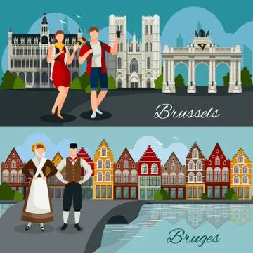Belgian Cities Flat Style Compositions Stock Illustration
