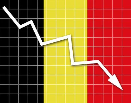 The Belgian flag and arrow graph going down Stock Illustration