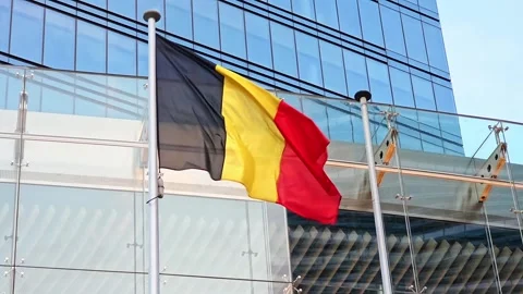 Belgian flag with black, yellow and red stripes waves beside a glass building Video stock 340241550