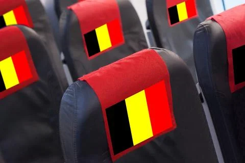Belgian Flag on Empty seat in plane. Travel, flight and transportration in .. Stock-Fotos