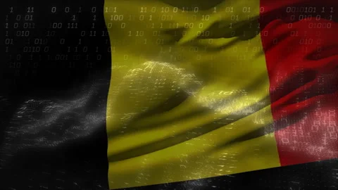 Belgian flag entering frame starting binary digits drifting over waving cloth Stock Footage 312467791