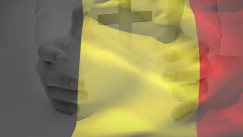 Belgian flag overlay starting on start, rippling across torso, hands cradling Stock Footage 332275423