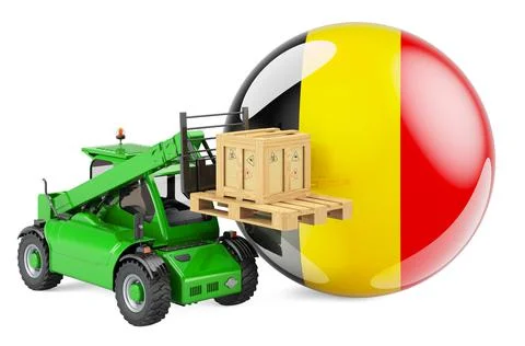 Belgian flag with telescopic handler truck and parcel. Cargo shipping in Belg Illustrazione stock