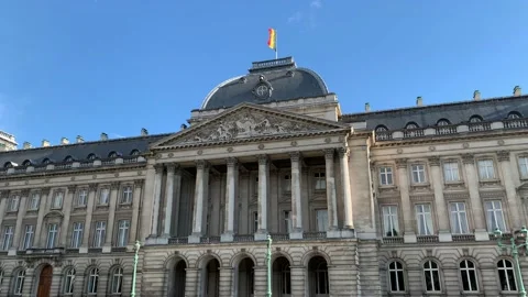 Belgian flag is waiving on top of the Royal Palace of Brussels. Bruxelles Stock Footage 198554369