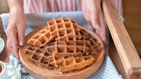 Belgian lush waffles for breakfast Stock Footage 114580473