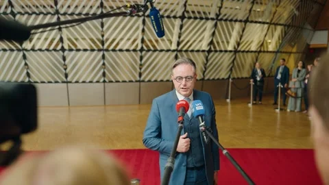 Belgian Prime Minister Bart De Wever giving a statement at the European Council Stock Footage 313666523