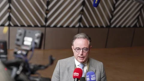 Belgian Prime Minister Bart De Wever giving a statement at the European Council Stock Footage 323282853