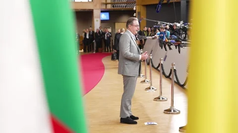 Belgian Prime Minister Bart De Wever giving a statement at the European Council Stock Footage 323284662