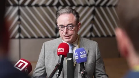 Belgian Prime Minister Bart De Wever giving a statement at the European Council Stock Footage 323284668