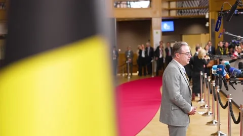 Belgian Prime Minister Bart De Wever giving a statement at the European Council Stock Footage 323285708