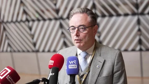 Belgian Prime Minister Bart De Wever addresses the press inside the European Stock Footage 325479297