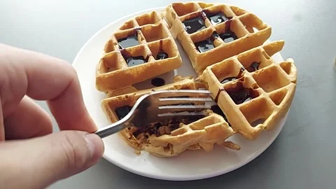 Belgian Waffles Delight: Sweet Indulgence, Still Shot, Food Close-Up, Dessert Stock Footage 304816374