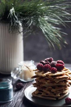 Belgian waffles stack with blackberries on top Stock Photos