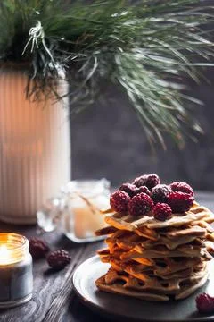 Belgian waffles stack with blackberries on top Stock Photos