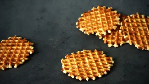 Belgian waffles. waffles on black background. sweet products. Stock Footage 99401028