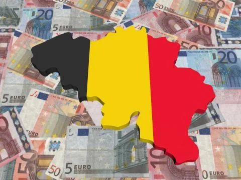 Belgium 3d map flag on euro currency illustration Stock Illustration