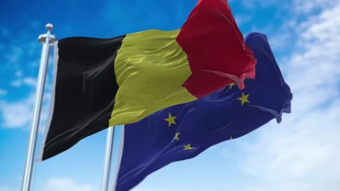 Belgium and European Union Flags Waving on Flagpoles. Loopable Stock Footage 297853953