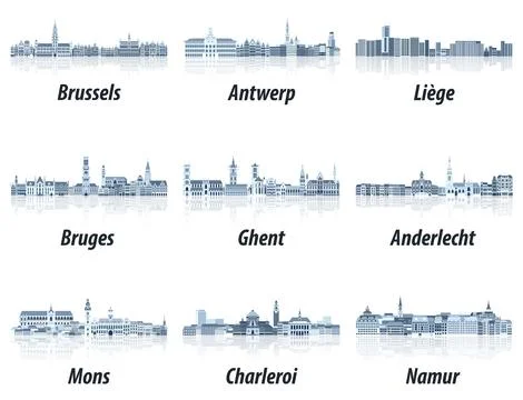 Belgium biggest cities skylines. Vector collection Stock Illustration