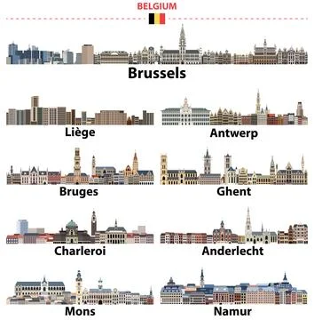 Belgium biggest cities skylines. Vector collection イラスト素材