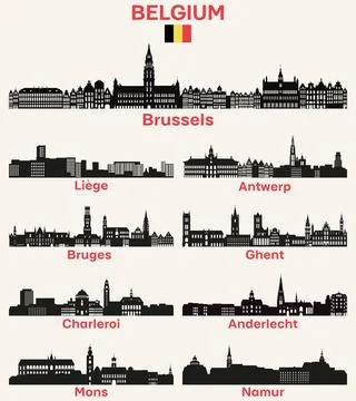 Belgium cities skylines silhouettes vector set Stock Illustration