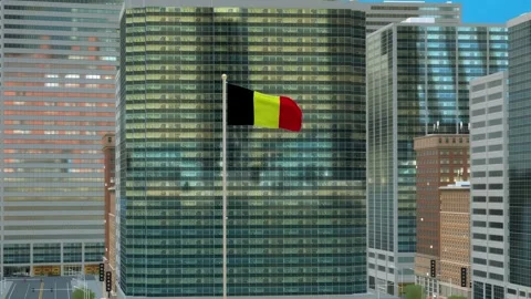 Belgium Flag 3D Render Animation on Pole with Modern Business District Build Video stock 332879773