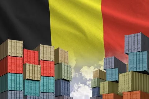 Belgium flag and big stack of shipping cargo containers in docks with sky イラスト素材