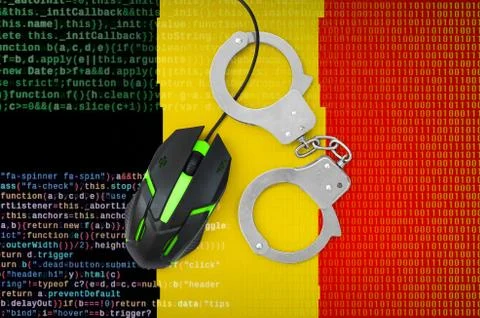 Belgium flag  and handcuffed computer mouse. Combating computer crime, hacker Stock-Fotos