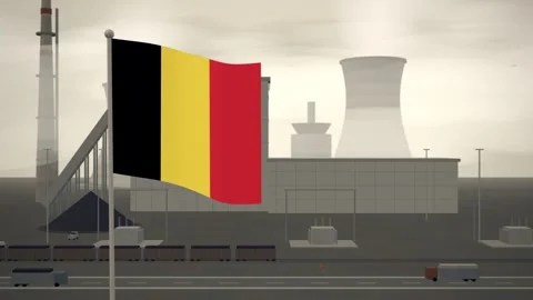 Belgium Flag Flying Over Coal Power Station Cooling Towers seamless loop 库存影片 344849675