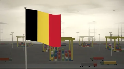 Belgium Flag Flying Over Container Terminal Stacking Yard seamless loop Stock-Footage 344849813