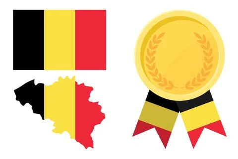 Belgium flag with map and gold medal in set for web and banners or app and .. Stock Illustration