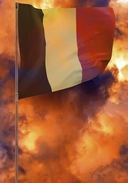 Belgium flag on pole with sky background Illustrazione stock
