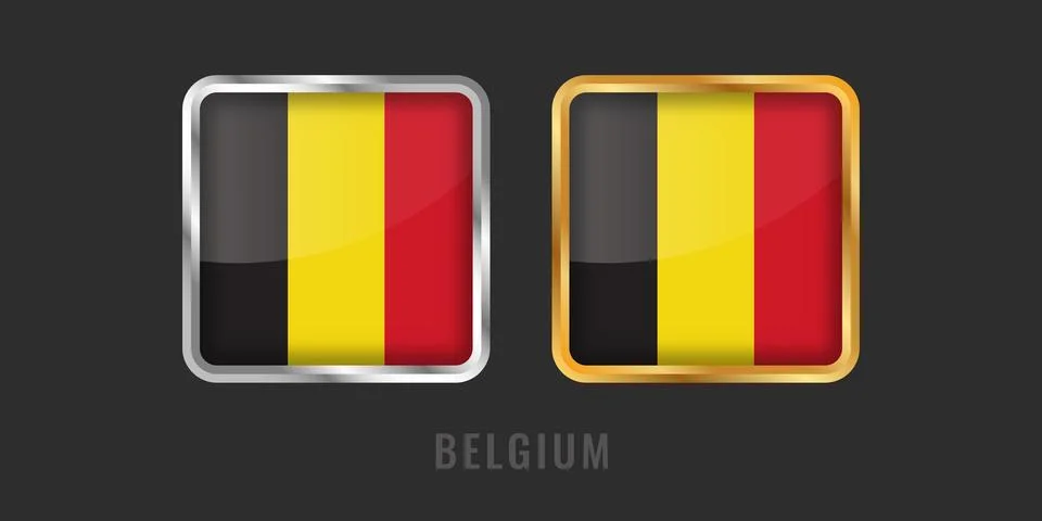 Belgium Flag Square 3D Button Set in Gold and Silver Metallic Frames Illustrazione stock