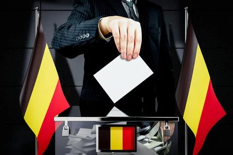 Belgium flags, hand dropping voting card - election concept - 3D illustration Illustration