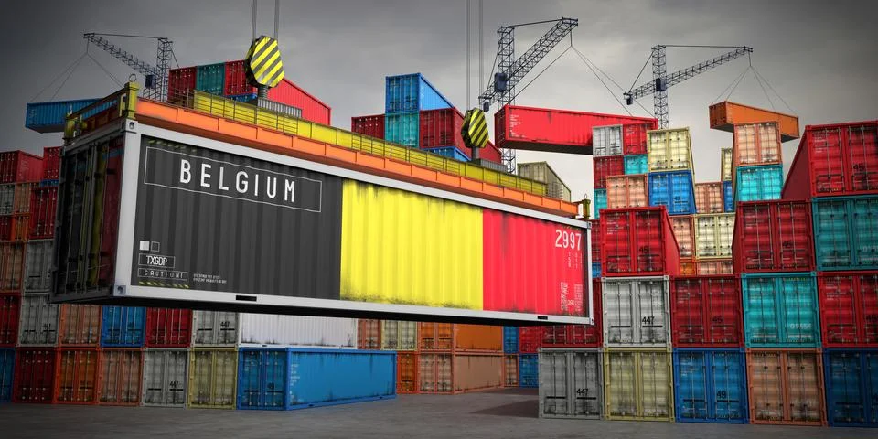 Belgium - freight container in cargo terminal - 3D illustration Stock Illustration