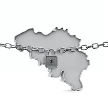 Belgium lockdown concept. Map with lock and chain. 3D Render 스톡 일러스트