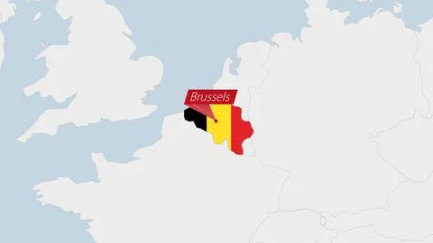 Belgium map highlighted in Belgium flag colors and pin of country capital B.. Иллюстрация