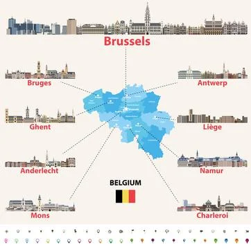 Belgium map with main cities skylines vector set Stock Illustration