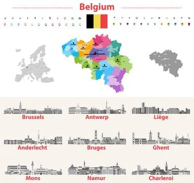 Belgium map with main cities skylines vector set Stock Illustration