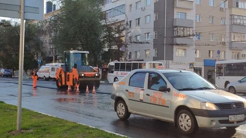 Belgorod , Russia -  JUN 3, 2019:  road rollers working on the new road Stock-Footage 109093113