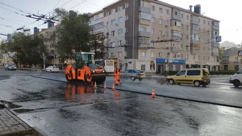 Belgorod , Russia -  JUN 3, 2019:  road rollers working on the new road Stock-Footage 109093571