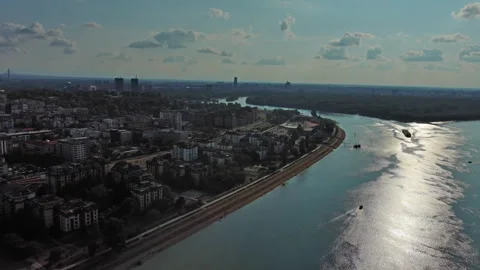 Belgrade at confluence of Sava and Danube rivers aerial Stock Footage 344743339