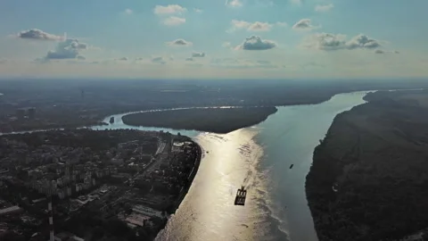 Belgrade at confluence of Sava and Danube rivers aerial Stock Footage 344743445