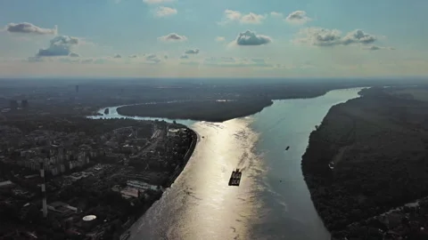 Belgrade at confluence of Sava and Danube rivers aerial Stock Footage 345446738