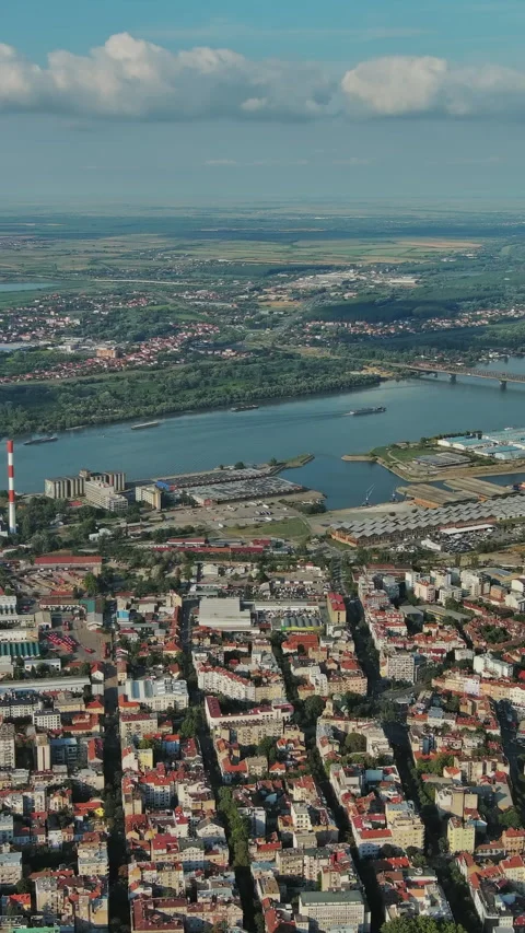 Belgrade at confluence of Sava and Danube rivers aerial Stock Footage 346652348