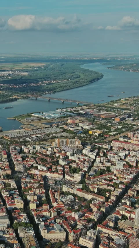 Belgrade at confluence of Sava and Danube rivers aerial Stock Footage 346653405