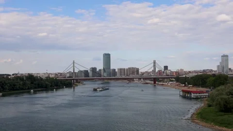 Belgrade Panorama and Belgrade Waterfront from Ada Bridge, Serbia Stock Footage 345446853