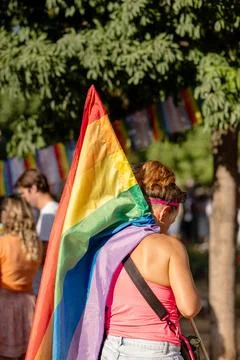 Belgrade Pride Protest March with Rainbow Flags Stock Photos