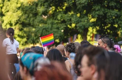 Belgrade Pride Protest March with Rainbow Flags Stock Photos