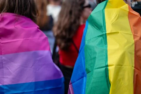 Belgrade Pride Protest March with Rainbow Flags Stock Photos