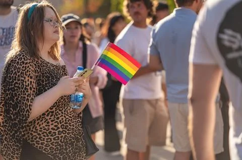 Belgrade Pride Protest March with Rainbow Flags Stock Photos